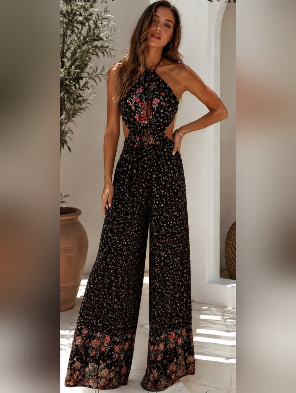 C&V Chelsea & Violet Floral Halter Jumpsuit Size S Black Cutout Boho Maxi